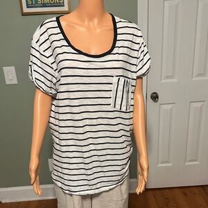 a.n.a White and Black Striped Scoop Neck Pocket Tee